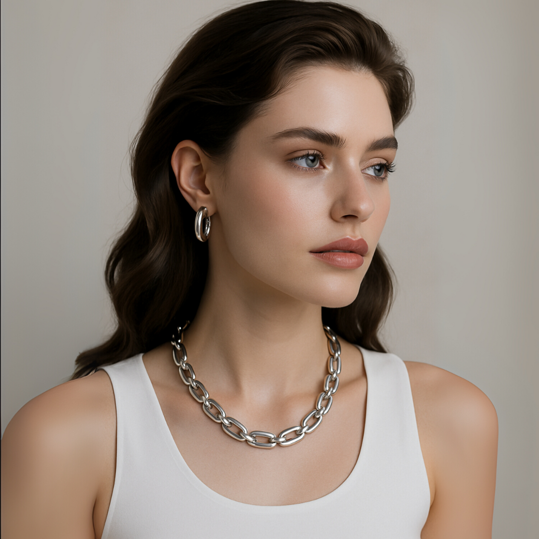 Stunning young woman with brunette hair and blue eyes is wearing silver hoops, a chain necklace, and a white tank top