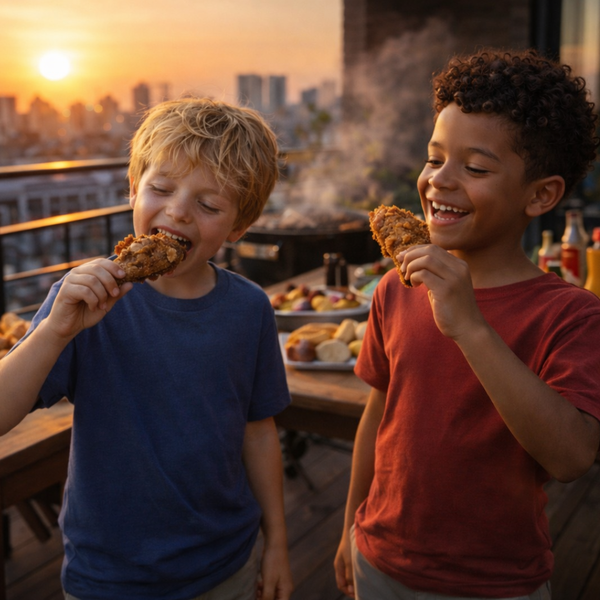 Two boys eating Oprah's fried chicken