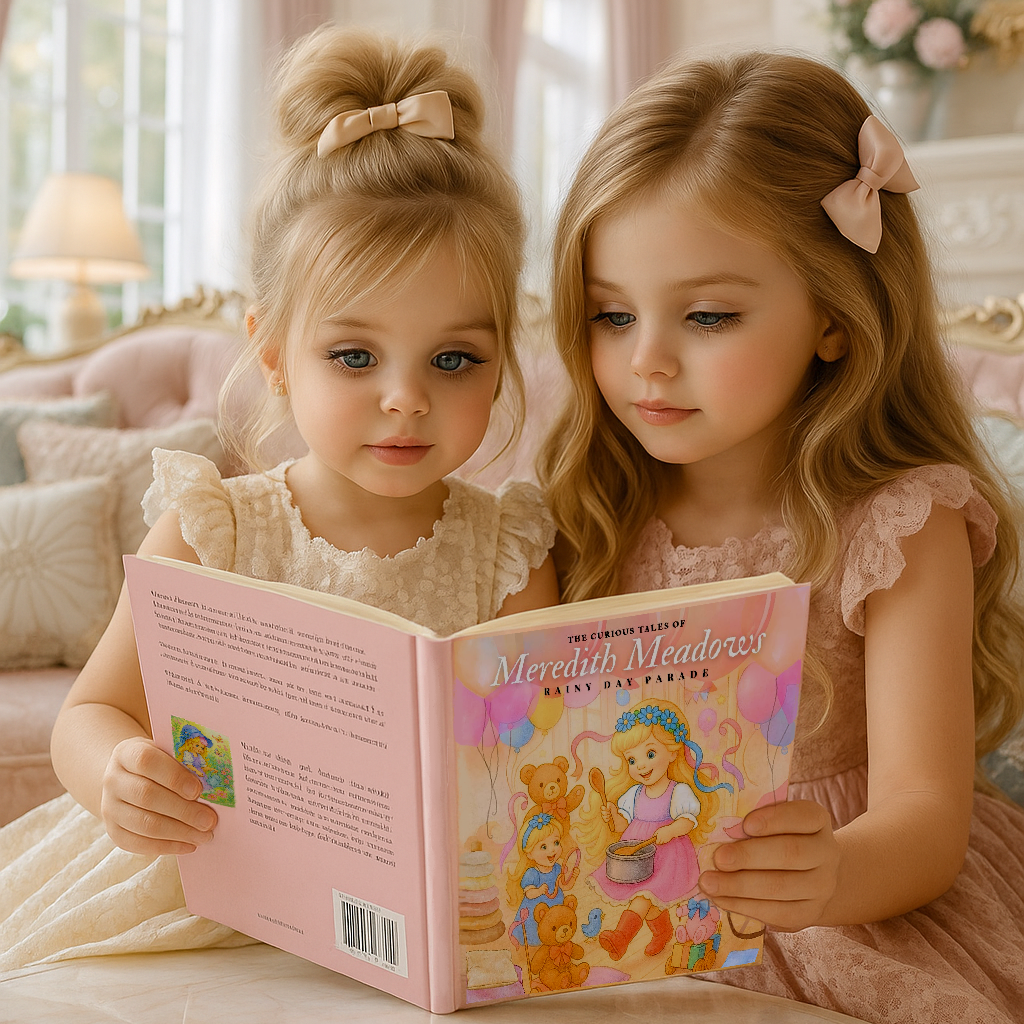 Two young girls reading a book together in a decorated room.