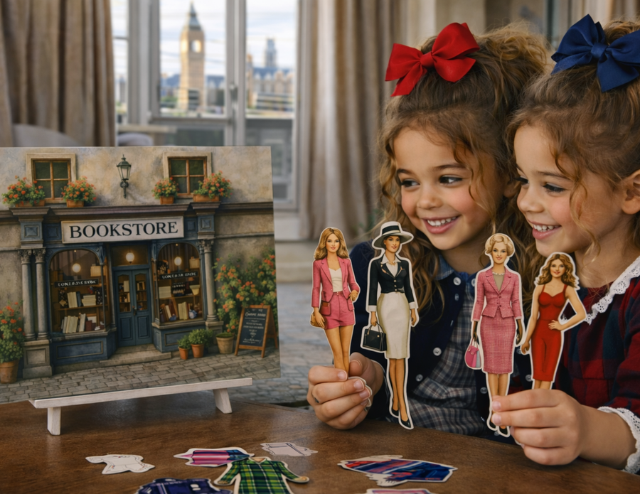 Two children playing with paper dolls in front of a model of a bookstore.