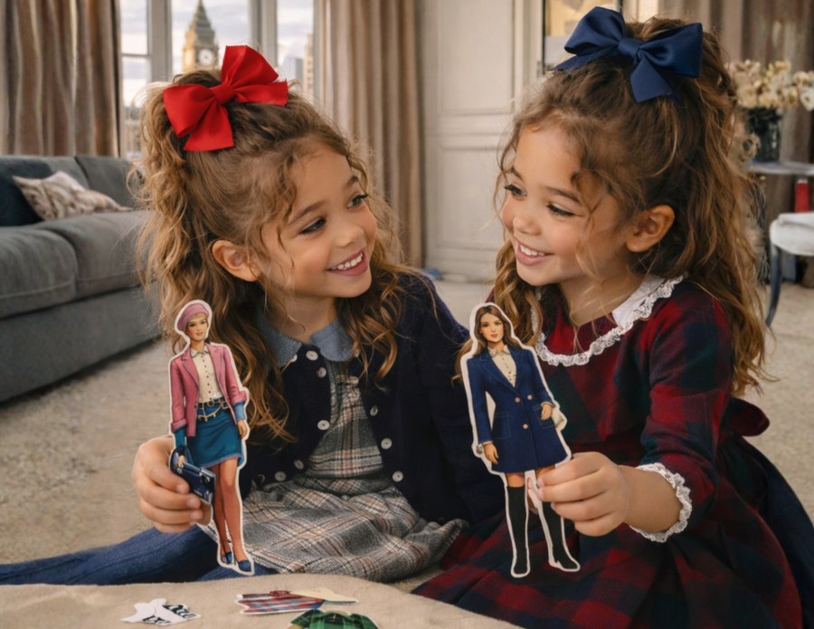 Two young girls playing with paper dolls in a room with a couch and window in the background.
